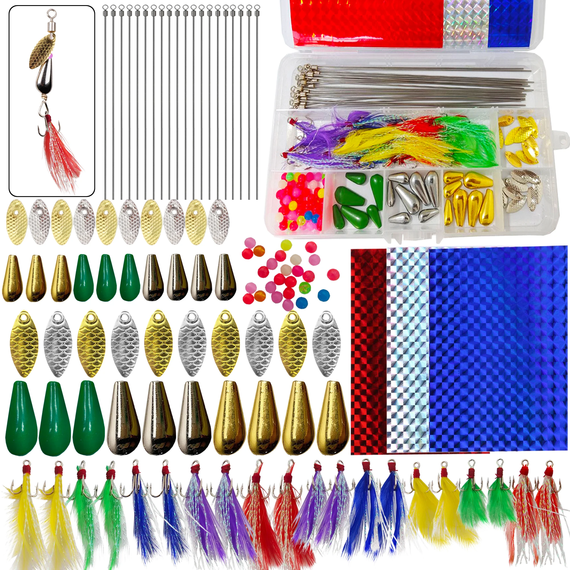 Fishing Spinnerbaits DIY Kit,Metal Sequins,Feather Treble Hook,Sinkers Beads Making Spinner Lures,Accessories Box for Bass Trout