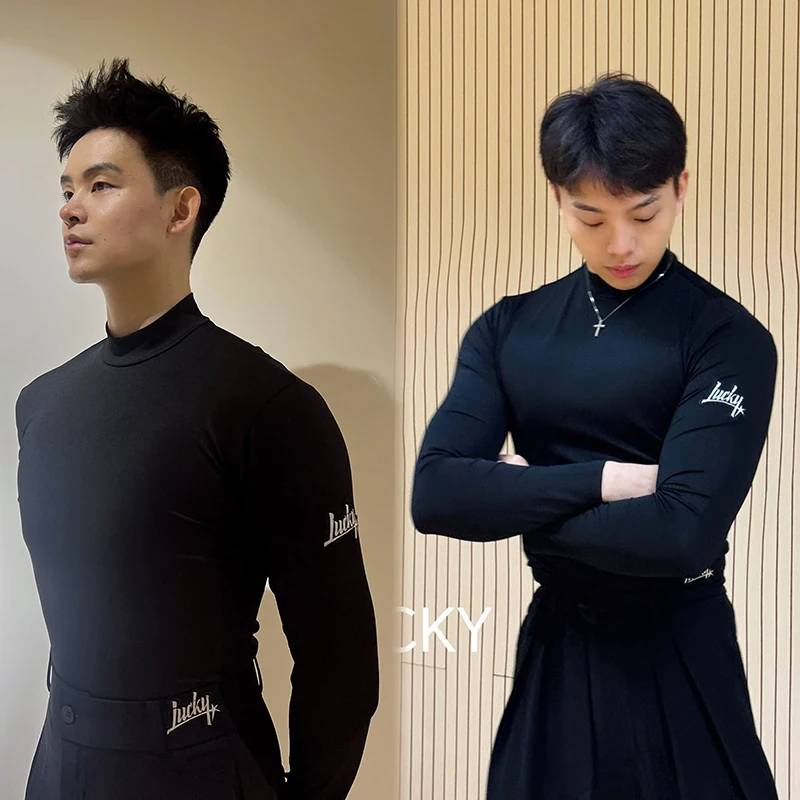 Small High Collar Black Shirts Latin Dance Practice Clothes For Men Rumba Samba Ballroom Costumes Adult Latin Dancewear DQS24644
