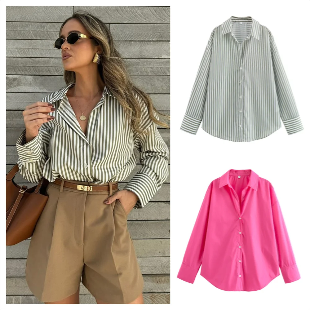 PB&ZA 2024 Summer New Women\'s Fashion Style Casual Loose Versatile Flip Collar Single breasted Poplin Shirt