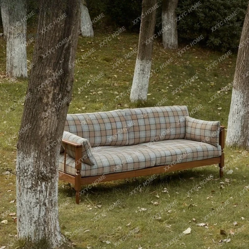 

Solid wood sofa three-person fabric straight row French all-solid wood multi-person combination living room outdoor sofa