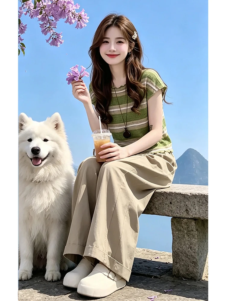 Unique Beautiful Early Summer Ladies Lazy Style Striped Knitted Top Casual Wide Leg Pants Two Piece Set Comfortable Breathable view 4