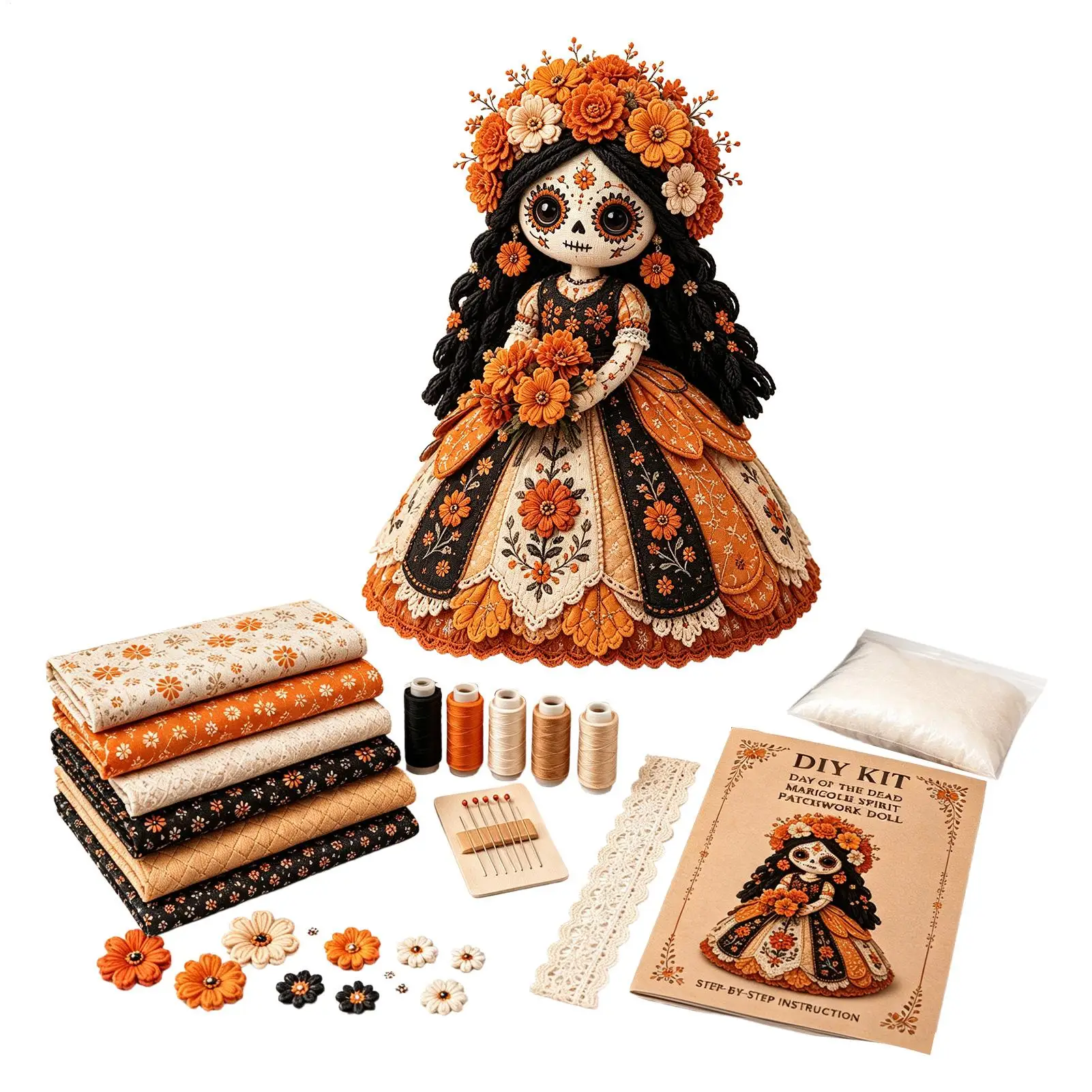 Day Of The Dead Patchworks Doll Sewing Kit/Halloween Sugar Skull Fabric Craft Kit With Flower Details/Halloween Patch Doll Craft