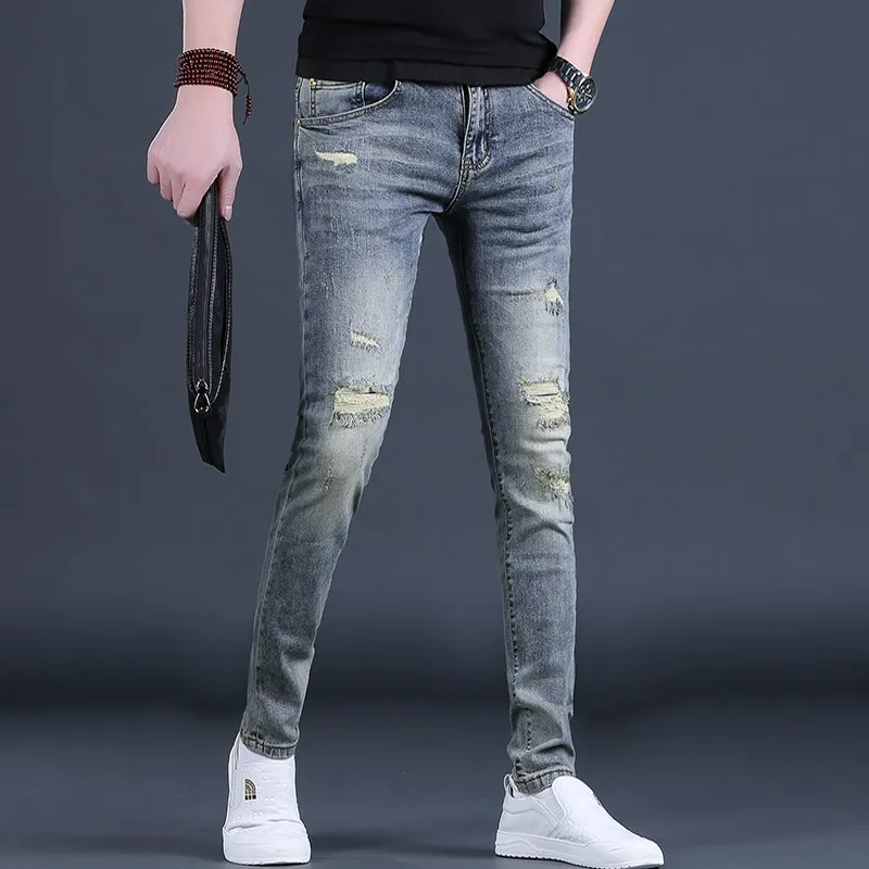 

Men's Slim Fit Jeans 2023 Spring Summer New Style Hole Washed Casual Long Pants Skin Friendly Breathable Stretch Resistant