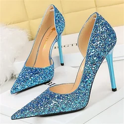 BIGTREE Sexy Stripper Pointed Toe Banquet Woman Pumps Stiletto High Heel Shallow Side Hollowed Out Glitter Sequin Wedding Shoes