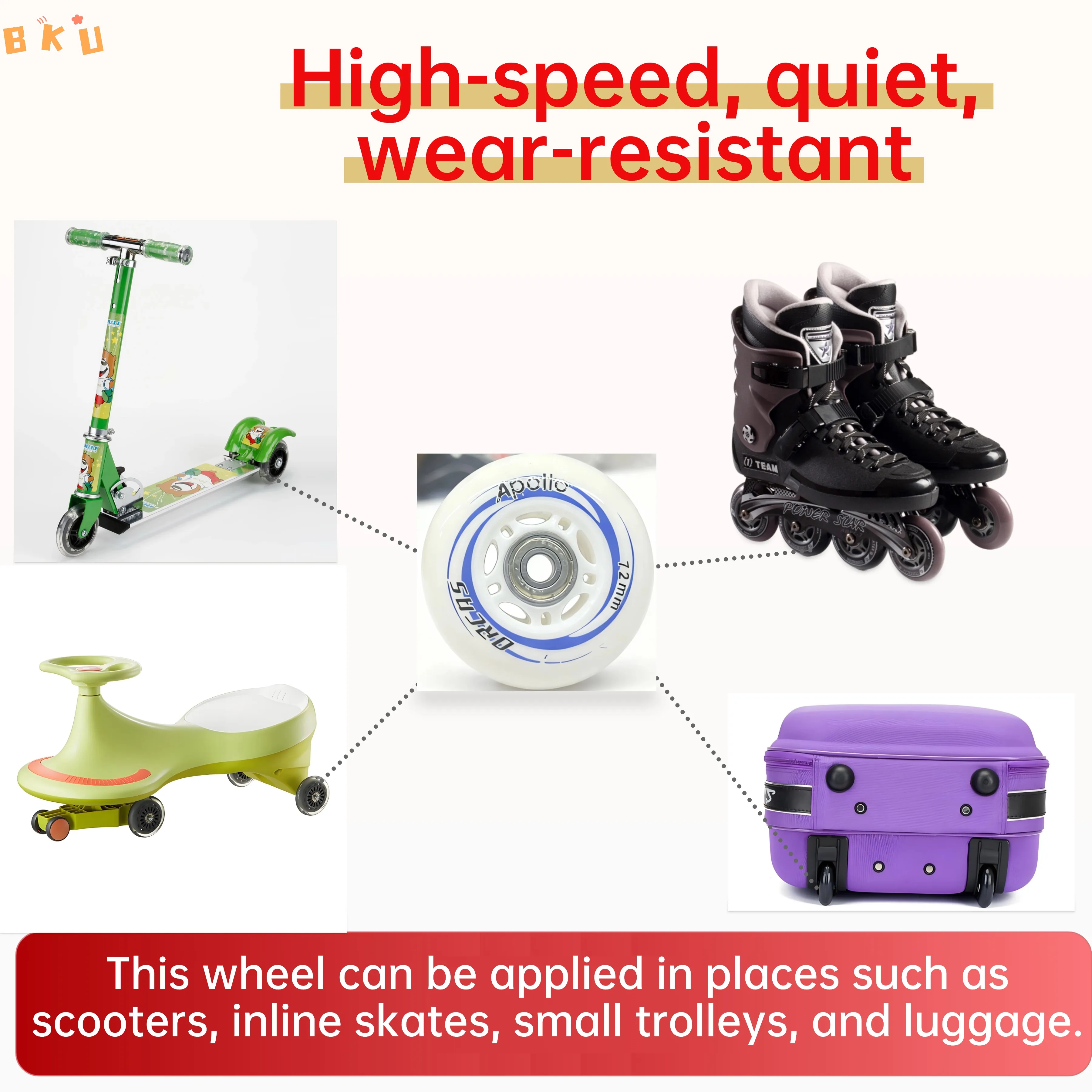 2 stuks 72 mm PU-wielen, hoge snelheid, stille slijtvaste vervangingswielen voor scooters, inline skates, trolleys, bagage