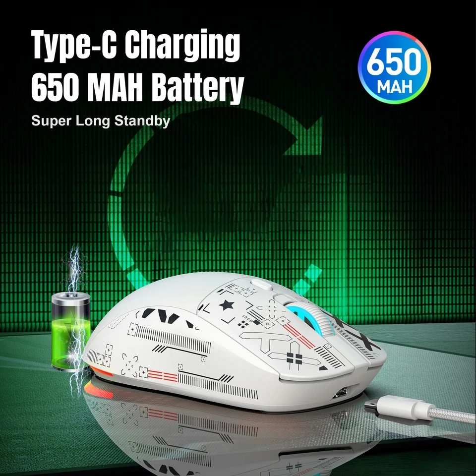 

HXSJ T90 Трехрежимная беспроводная мышь (проводная + 2,4G + BT) Игровая мышь с RGB-подсветкой, 650 мАч