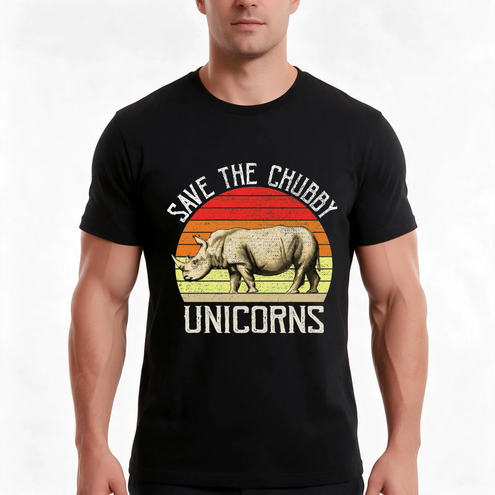 Save The Chubby Unicorns vintage rhino rhinoceros T-Shirt, Summer Casual Cotton Tee, Oversized Streetwear Tops, Unisex Men Women