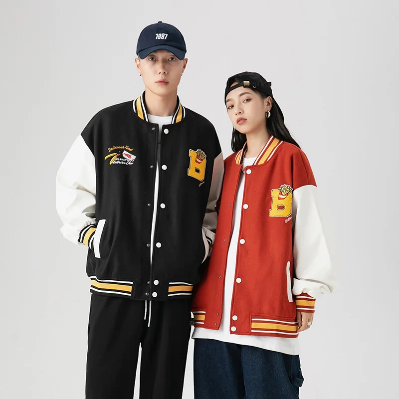 Harajuku Jacket Male French Fries Embroidery Baseball Uniform Couples Streetwear Student Cotton Baggy Oversized Men Casual Coat