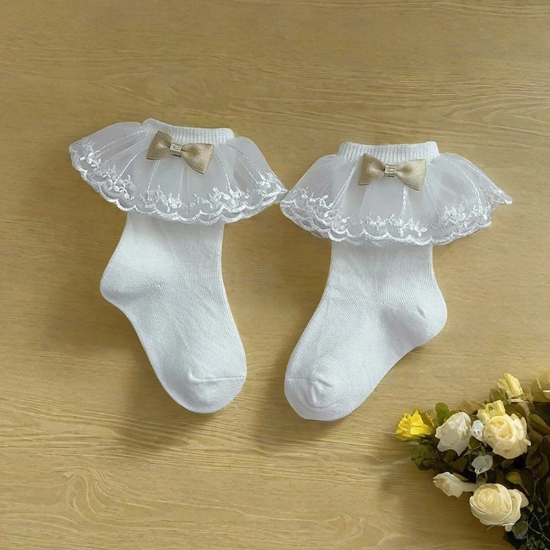 Kaus kaki anak perempuan, aksesoris pakaian balita, kaus kaki kru anak perempuan, Gaun pita lucu, kaus kaki jalan dengan Kerut jaring