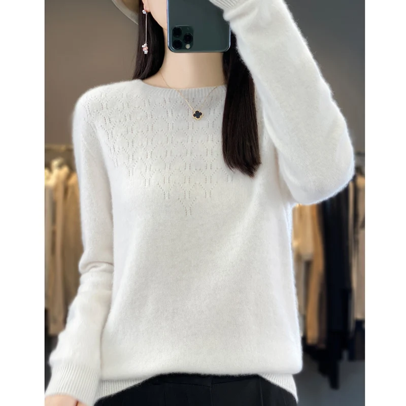 Women\'s pullovers Spring/Autumn new 100% pure wool sweater casual knitted sweater loose hollow bottom Blouse round neck Tops