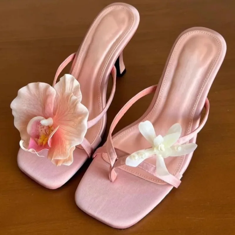 

Fashion Design Womens Shoes Exquisite Flower Square Head High Heeled Flip Flops for Woman Summer New Casual Shoes Zapatos Mujer