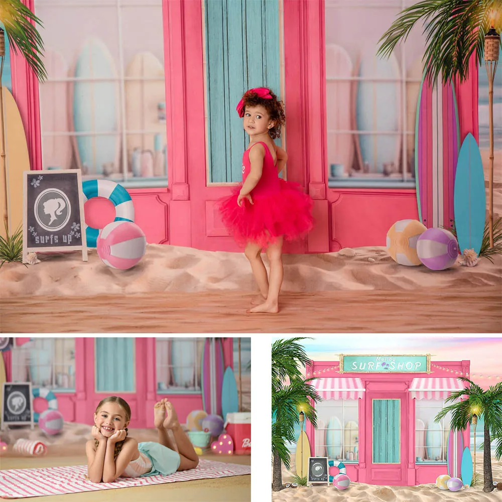 

Pink Beach Surf Shop Backrops Summer Princess Birthday Party Photo Studio Props for Girl Cake Smash Background for Photography