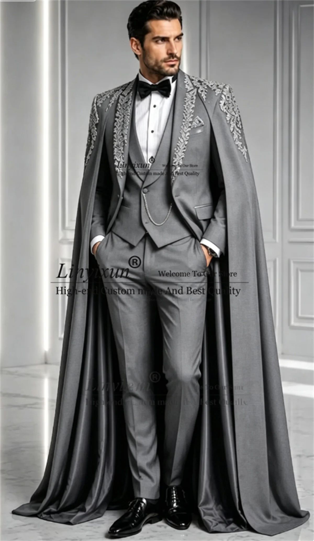 

Luxury Jewelry Ornament Men Suits 3 Pieces Sets Wedding Groom Male Blazer Customized Party Tuxedos With Long Cape Ropa Hombre