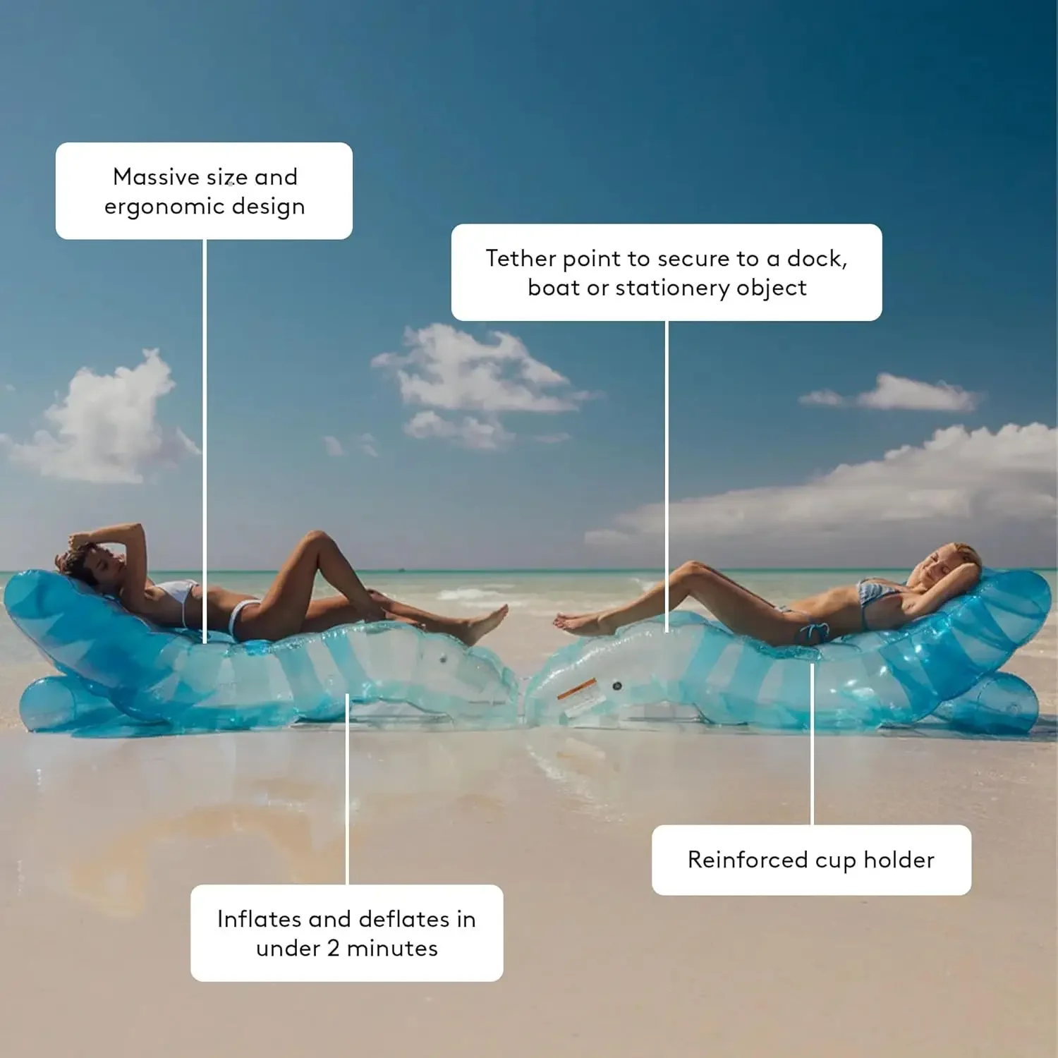 Riesige aufblasbare, luxuriöse dreifarbige blaue Chaiselongue, Stuhl-Pool-Schwimmer für Erwachsene, perfekt für eine Sommer-Poolparty, Bündel