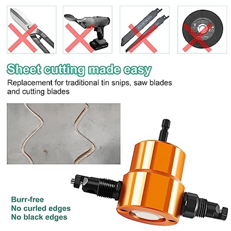 PA-Double Headed Sheet Metal Nibbler, Drill Attachment Metal Cutter with Extra Punch for Straight Curve and Circle