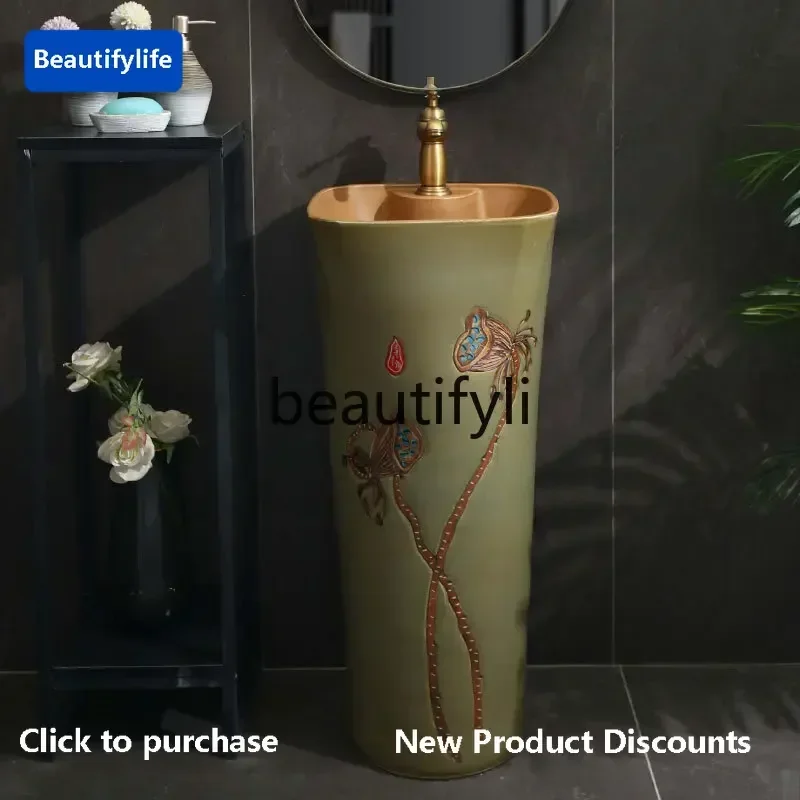 Hot sales  Ceramic column basin Floor-to-ceiling face wash balcony courtyard Vintage art column wash basin