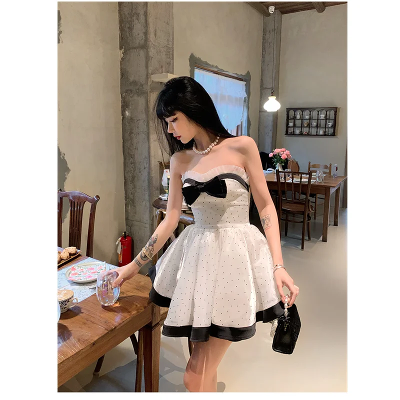 White Dress Womens Dress Sleeveless High End Exquisite Wave Point Skirt Fashion Patched Lace Bow Top Princess Fluffy Skirt Dress