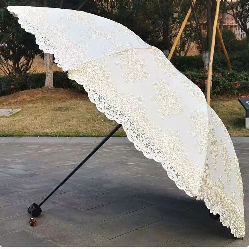 2 3 Fold Lace Flower Female Umbrella Rain Women Girl Princess Black Coating Anti UV Travel Windproof Sunshade Parasol Gifts
