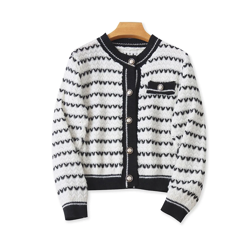 

Faionable Long Sve Knitwear Cardigan Buttoned Simple Sle Small Fraance Wind Large Size Wave Pattern Autumn New Arrival