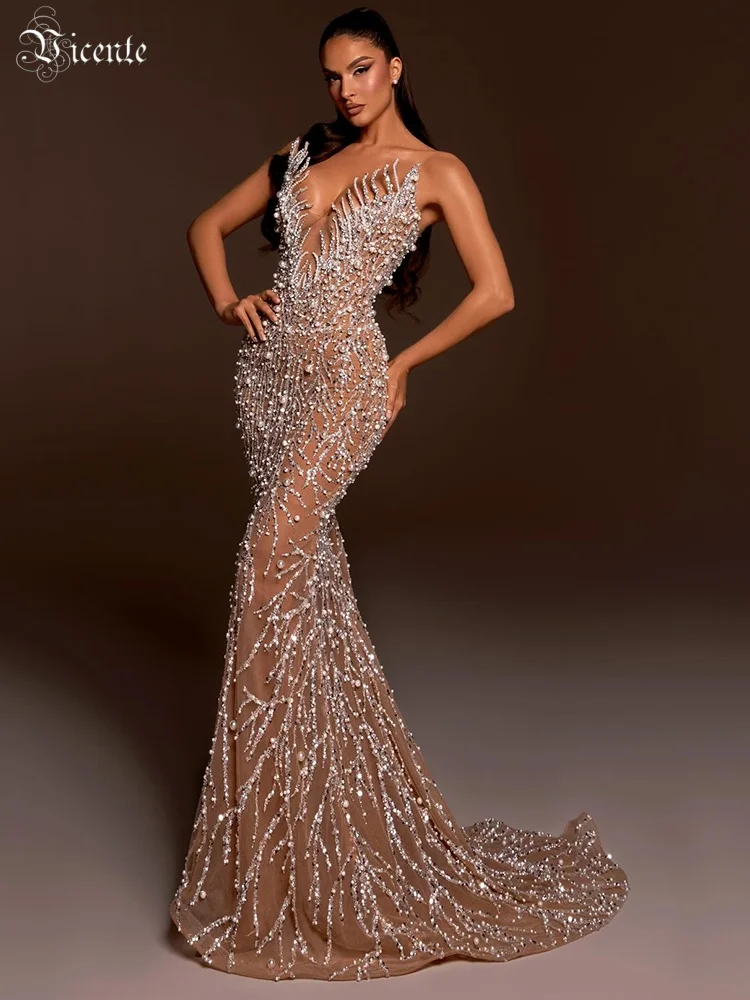 

VC Chic Nude Deep-V Neck Sequin Mermaid Dress Gown with Crystal Studded Bodice for Upscale Entertainment