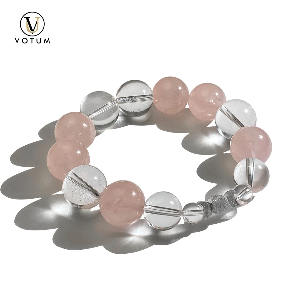 

Votum Natural Rose Quartz Clear Crystal Beaded Bracelet for Women 925 Sterling Silver Triple Moon Charm Beads Jewelry