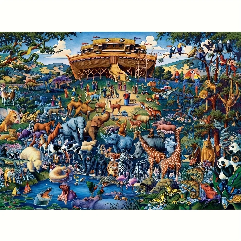 Noah's Ark Animal Jigsaw Puzzle - 300/500/1000pcs Challenge for Pet Lovers, Vibrant Biblical Artwork with Flip-Top Design, Pre