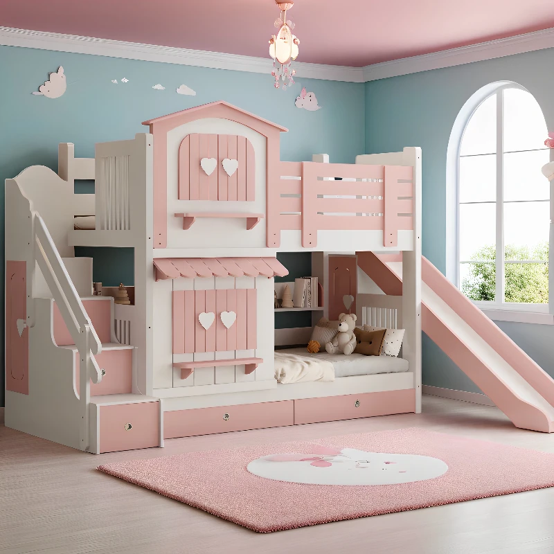 

pink princess bunk bed children's castle tree house bed bunk girl Comfortable Home lit superposé enfant bedroom furniture