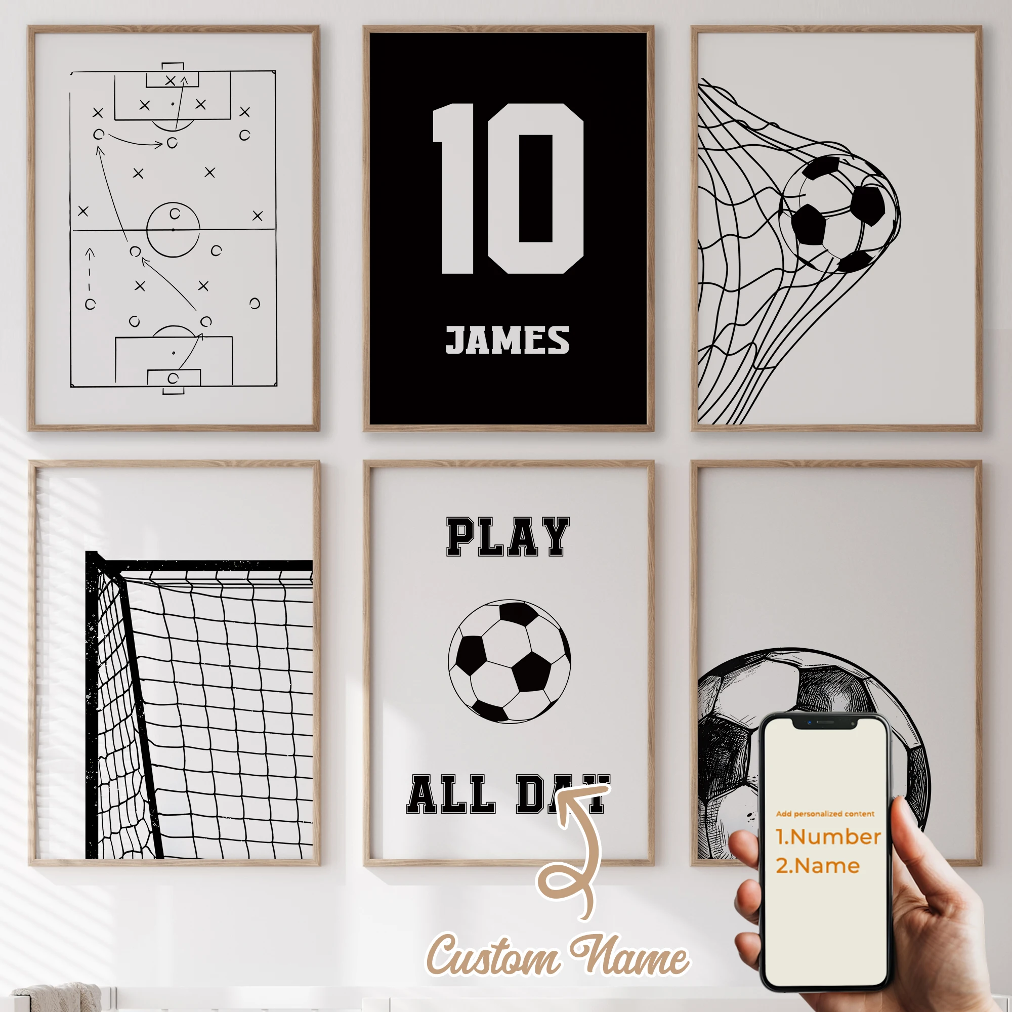 

3Pcs/6pcs Personalized custom name cute cartoon Football Wall Art Print Picture For Living Room Kids Boy Room Home Decor Gift