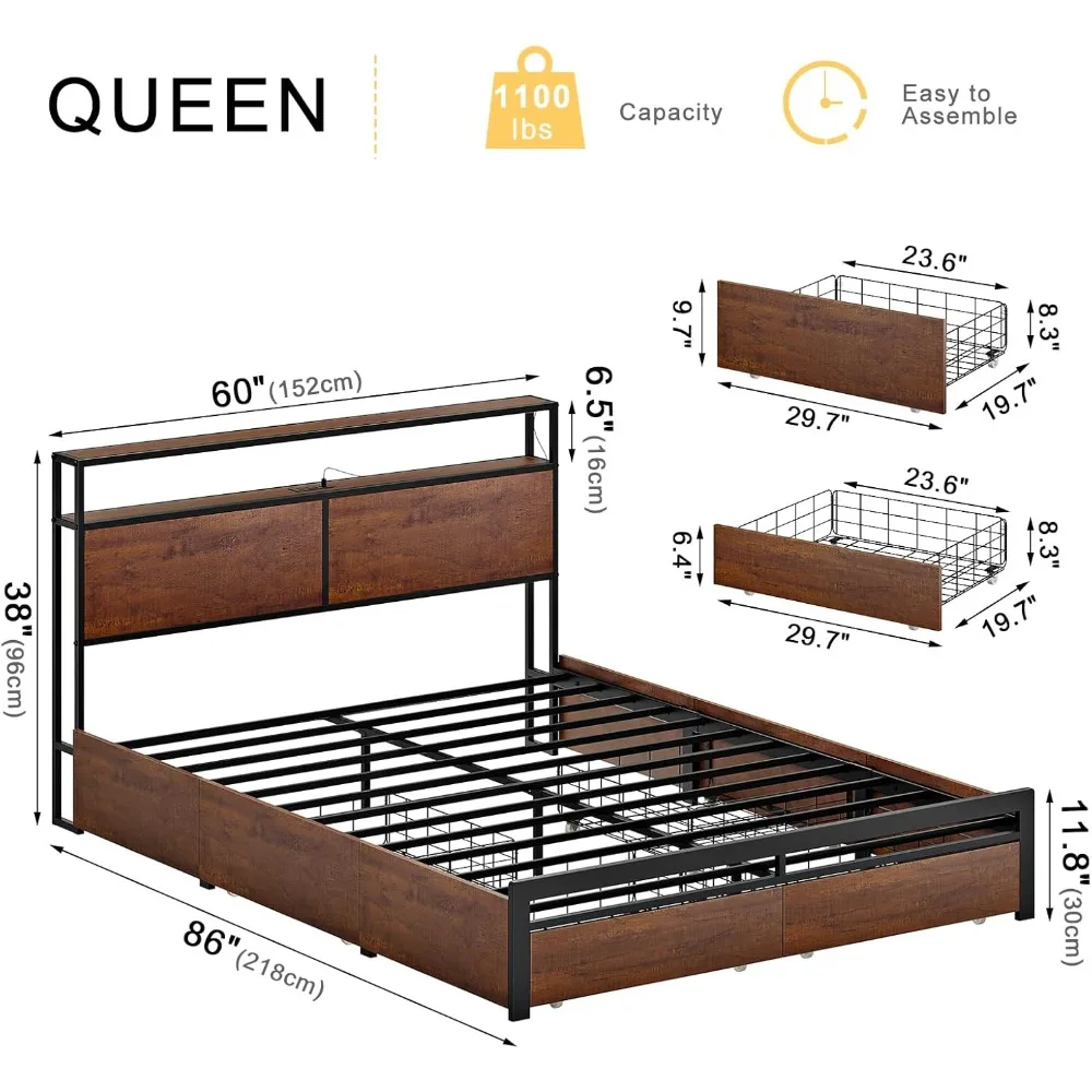 Queen-size bed frame with storage headboard and 4 drawers LED lights Non-slip, noiseless mattress with strong metal slat support