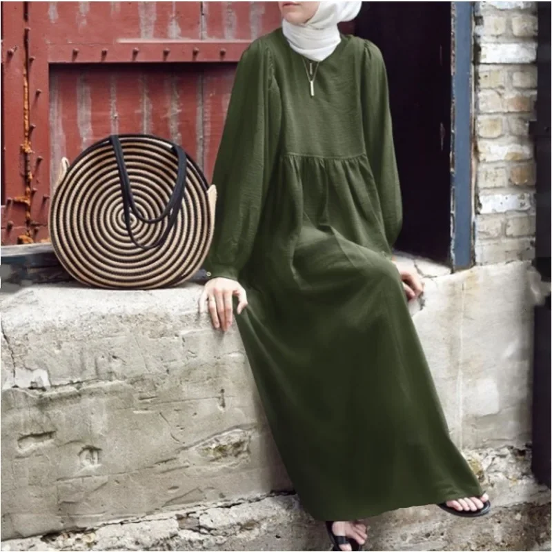 Eid Ramadan Muslim Women's Long Dress Round Collar Lantern Sleeve Casual Abaya Islamic Lady Maxi Robe Longue Vestidos Largos