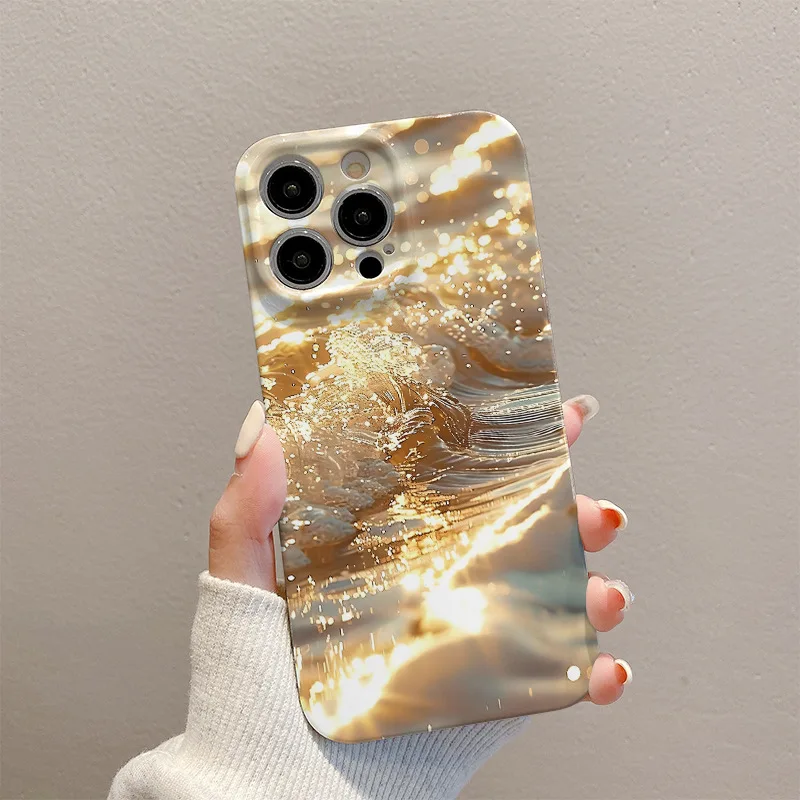 New Luxury INS Gold Wave Print Fortune Hard Phone Case For iphone 16 15 14 13 12 11 X XS XR Pro Max Plus Art Protective Cover