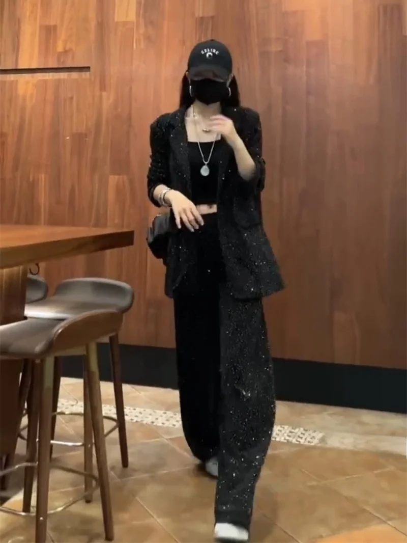 Laid-ba Sle Faion frauen Frühling Sommer Neue Anzug Kragen Lose Oberbekleidung Breite Bein Hosen Diamant Set Trendy ensemble