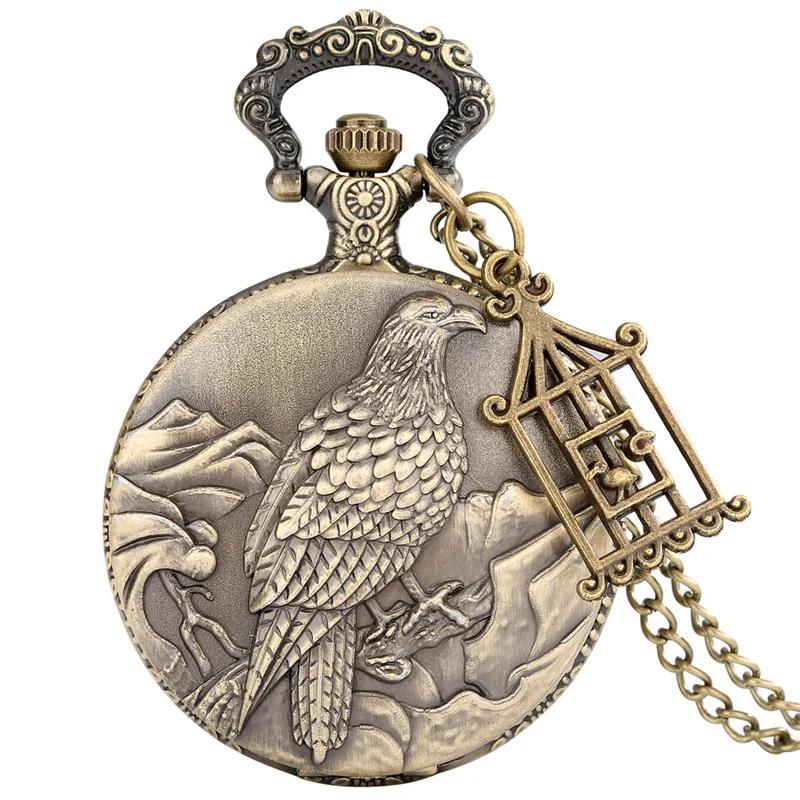 

Vintage Eagle Embossed Full Hunter Men Women Quartz Pocket Watch with Birdcage Charm Necklace Chain Arabic Number Timepiece Gift