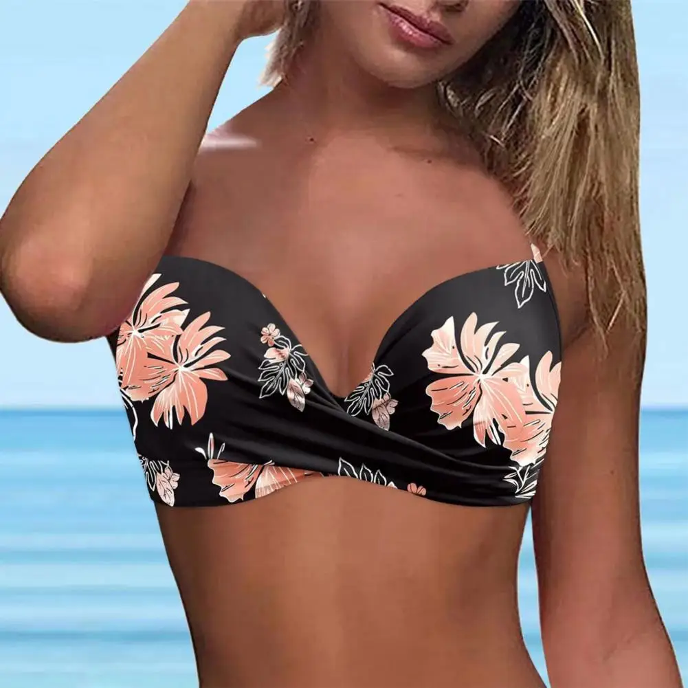 New Multicolor Print Bikini Top Pure Color Gathered High Waist Swimsuit Women's Fashionable Split Design Swimming Costume Bra