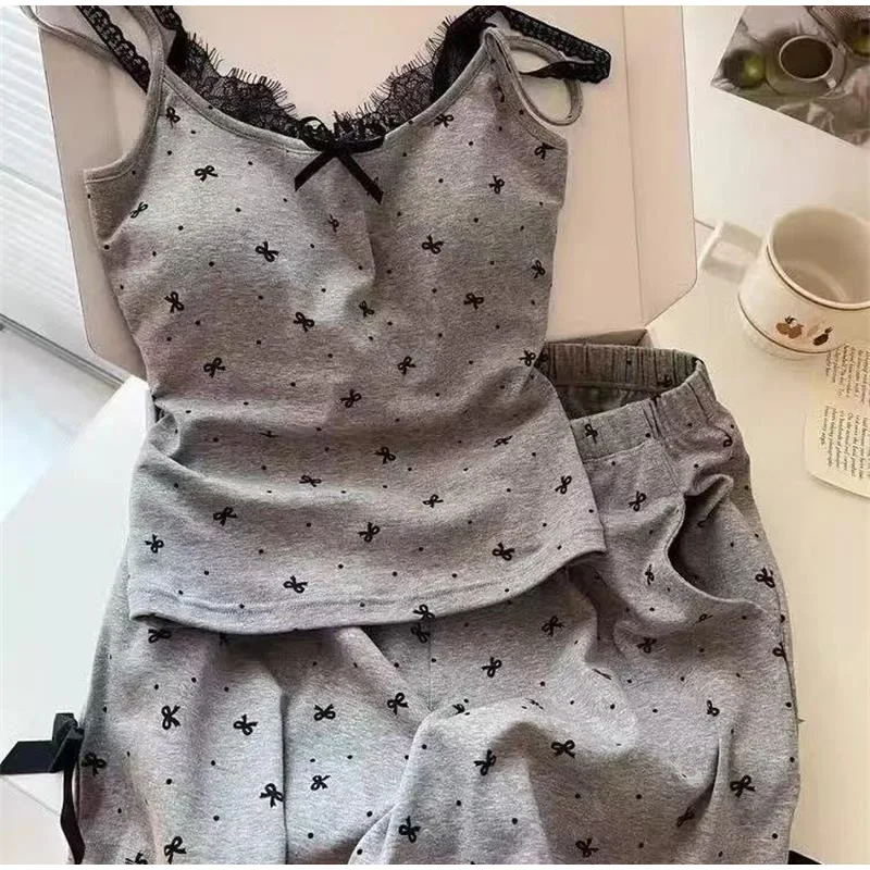 

Women's Camisole Top And Shorts Set Bow Knot Polka Dot Camisole Top With Chest Cushion Loose Casual Cute Summer Home Suit Set