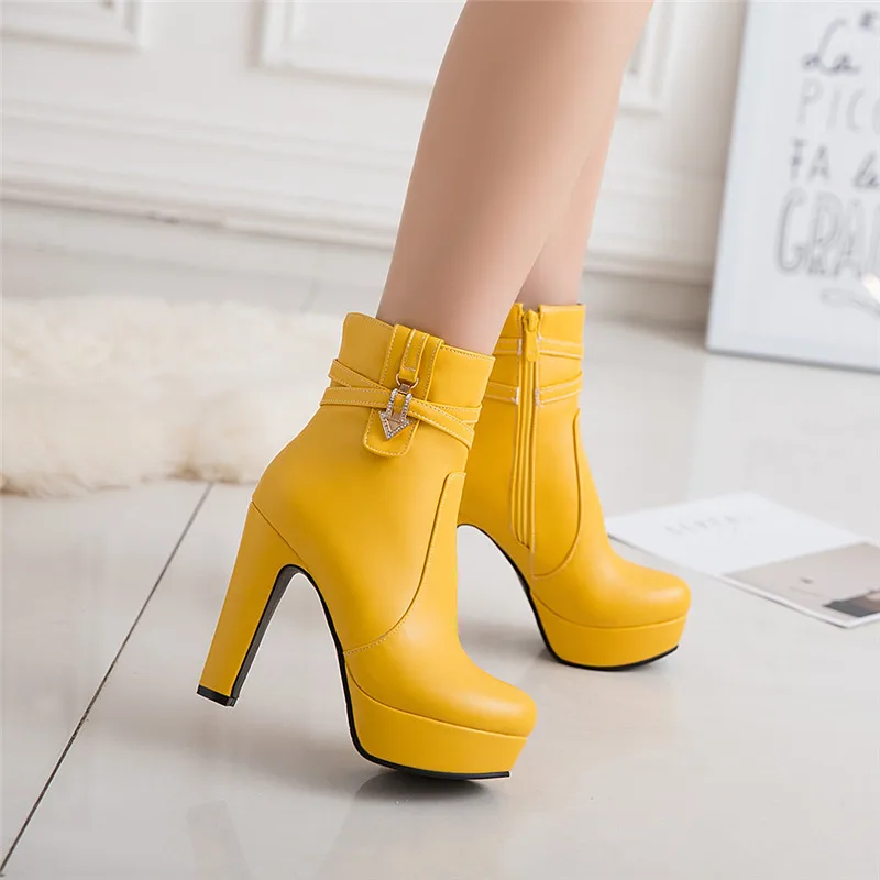 Women's White Ankle Boots Platform Shoes Fashion Buckle High Heels