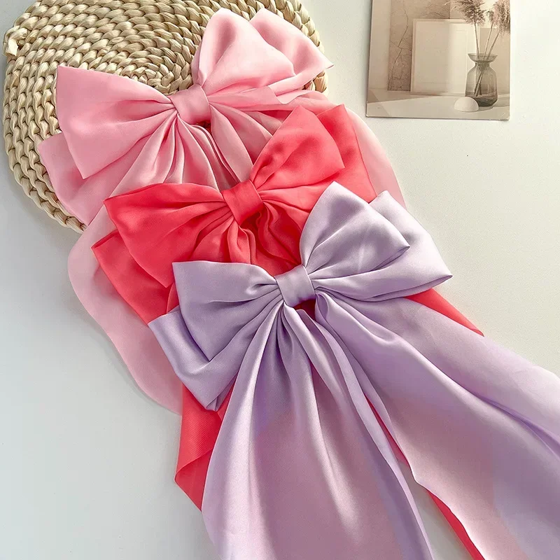 أبيض أسود القوس دبوس الشعر شريط كبير الحجم مشبك شعر كبير ومقاطع شريط من الساتان الطويل مشبك شعر النساء حفل زفاف إكسسوارات الشعر