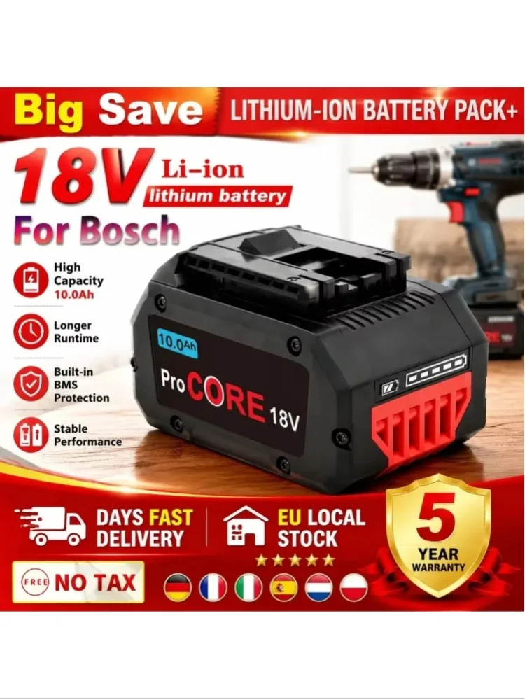 Ersatz-Lithium-Ionen-Akku Typ 21700 mit 10,0 Ah für Bosch 18V ProCORE Elektrowerkzeuge, geeignet für verschiedene Handbohrmaschinen, kompatibel mit BAT609, BAT618, GBA18V8
