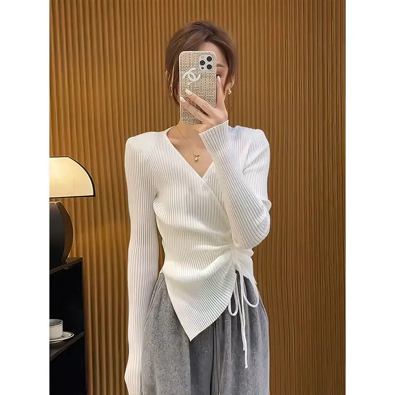 Women\'s Autumn Winter New Fashion Elegant Solid V-neck Irregular Drawstring Versatile Long Sleeve Slim Fit Sweater Knitted Tops