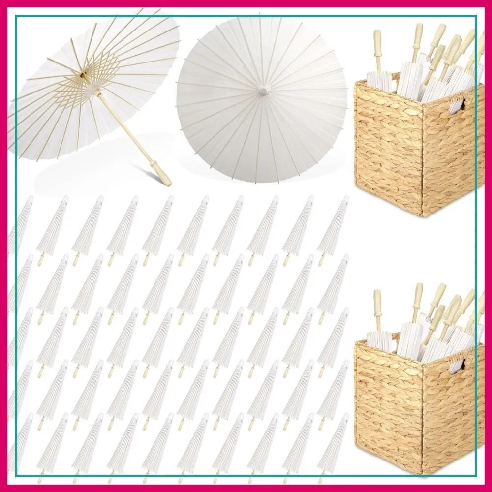 

50 Pcs White Paper Umbrellas 33 Inches Decorative Oiled Parasol with Storage Box for Wedding Party DIY