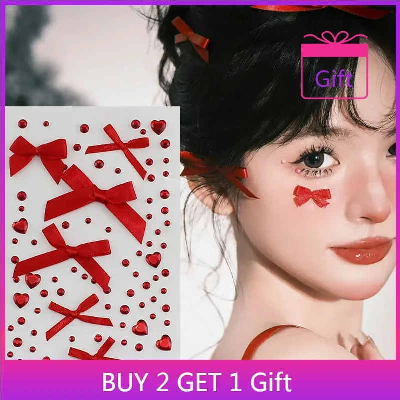 Shining Bow Face Decor Organza Rhinestone Stickers Scarlet Rose Valentine Eye Makeup Stickers for Wedding Anniversary Party
