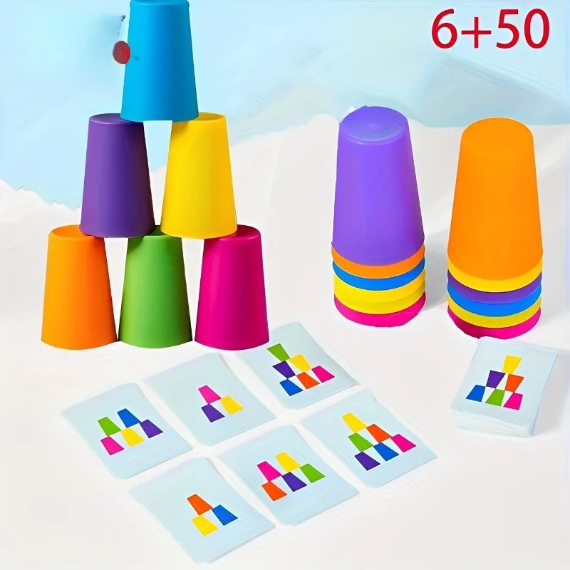 ของเล่นการ์ดปริศนาแบบมอนเตสซอรี่ ฝึกการเรียงซ้อน ฝึกการจัดเรียงสี ฝึกการรับรู้พื้นที่ สำหรับเด็กอายุ 2-4 ปี ของขวัญ ประกอบด้วยการ์ด 50 ใบ และถ้วย 6 ใบ