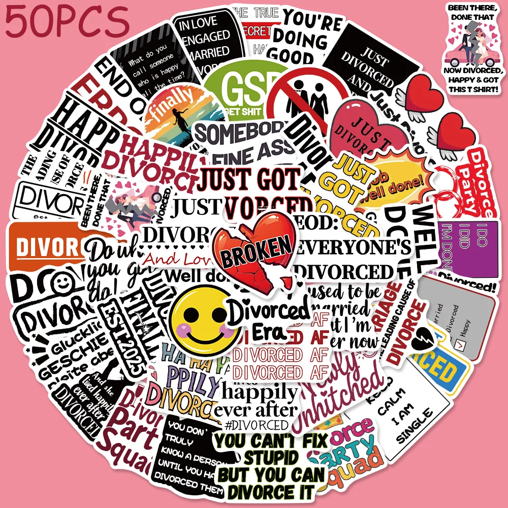 

50pcs Cartoon Happy Dicorced Stickers Decals For Laptop Scrapbook Luggage Skateboard Guitar DIY Aesthetic Waterproof Stickers