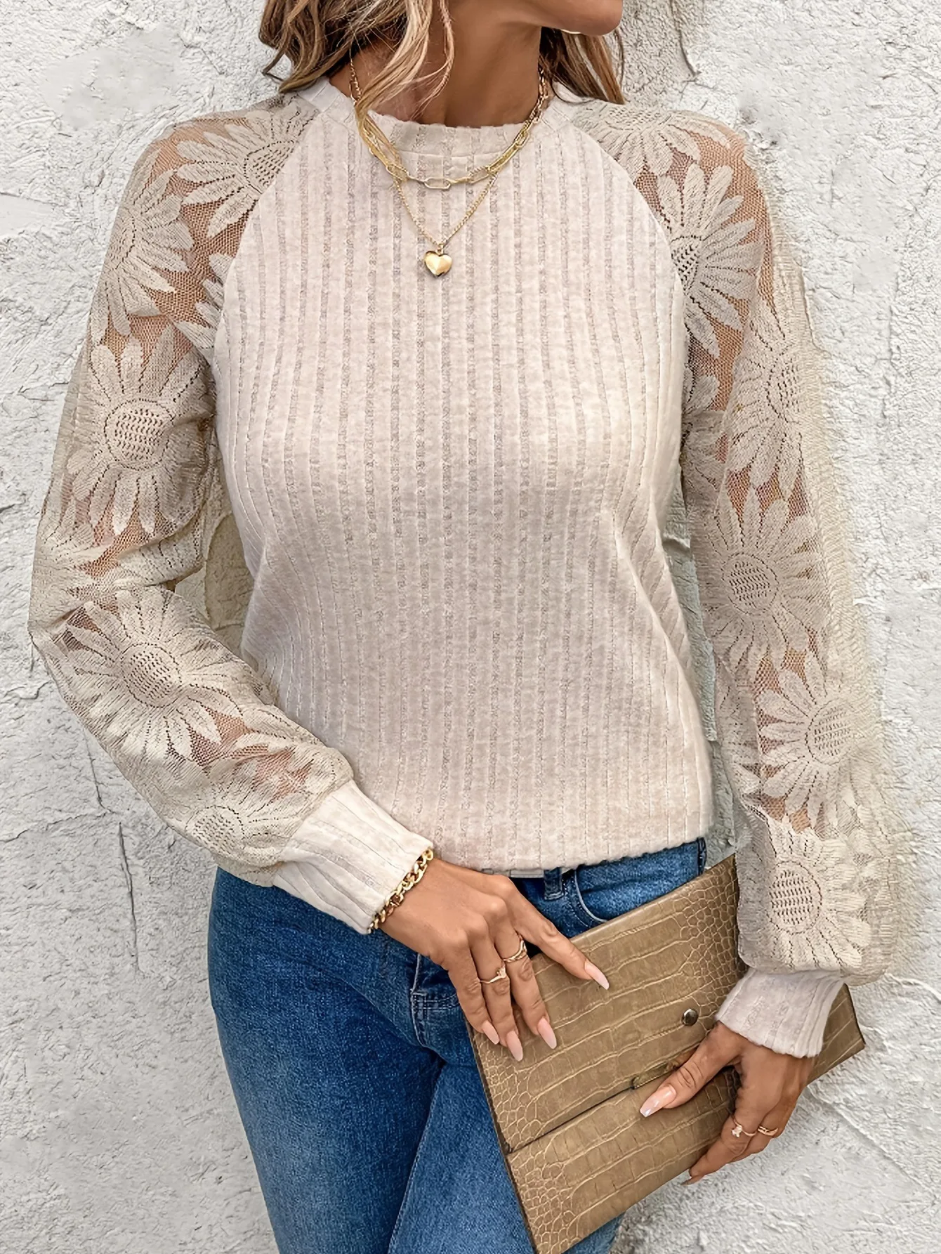 Mode col rond évidé pull élégant dentelle Patchwork à manches longues Blouse bureau dame Blouses printemps/été femmes vêtements
