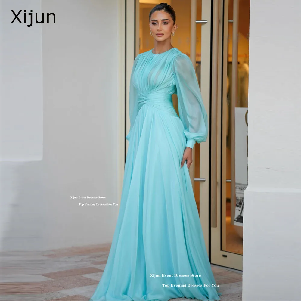 

Xijun Elegant Mint Evening Dresses O-Neck Long Sleeves A-Line Prom Dresses Chiffon Pleated Formal Prom Gowns Women Customized