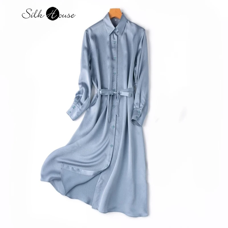 

2025 Women's Fashion Spring New Style Texture 93% Natural Mulberry Silk Elastic Satin Square Neck Long Sleeve Blue Shirt Dress