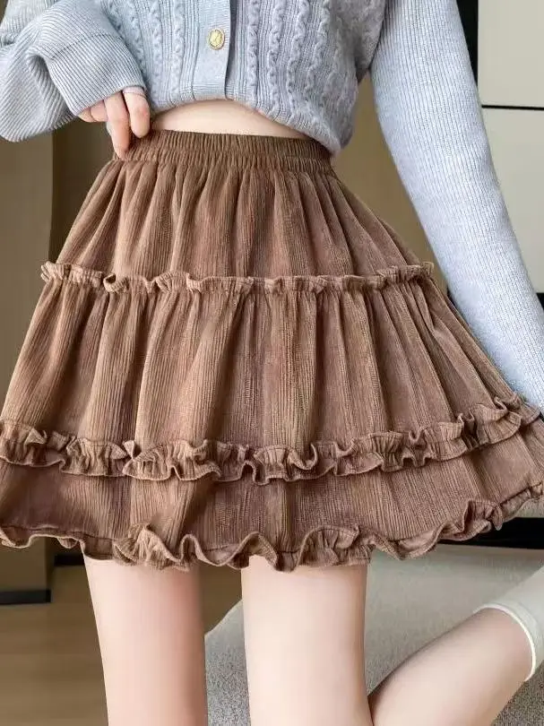 

Женская многослойная юбка А-силуэта с высокой талией, пышная, осенне-зимняя, с эластичным поясом и кружевным подолом с цветочным узором