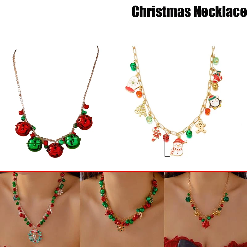 1 unidad de árbol de Navidad, muñeco de nieve, corona de caña, copo de nieve, Reno, trineo, campana, colgante, collar para mujeres y hombres, gargantilla de vacaciones, regalo de joyería