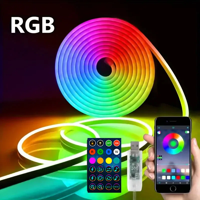 

Неоновая лампа RGB 5 м/196,85 дюйма, силиконовая гибкая силиконовая неоновая светодиодная лента, с пультом дистанционного управления и управлением через приложение, может Чан