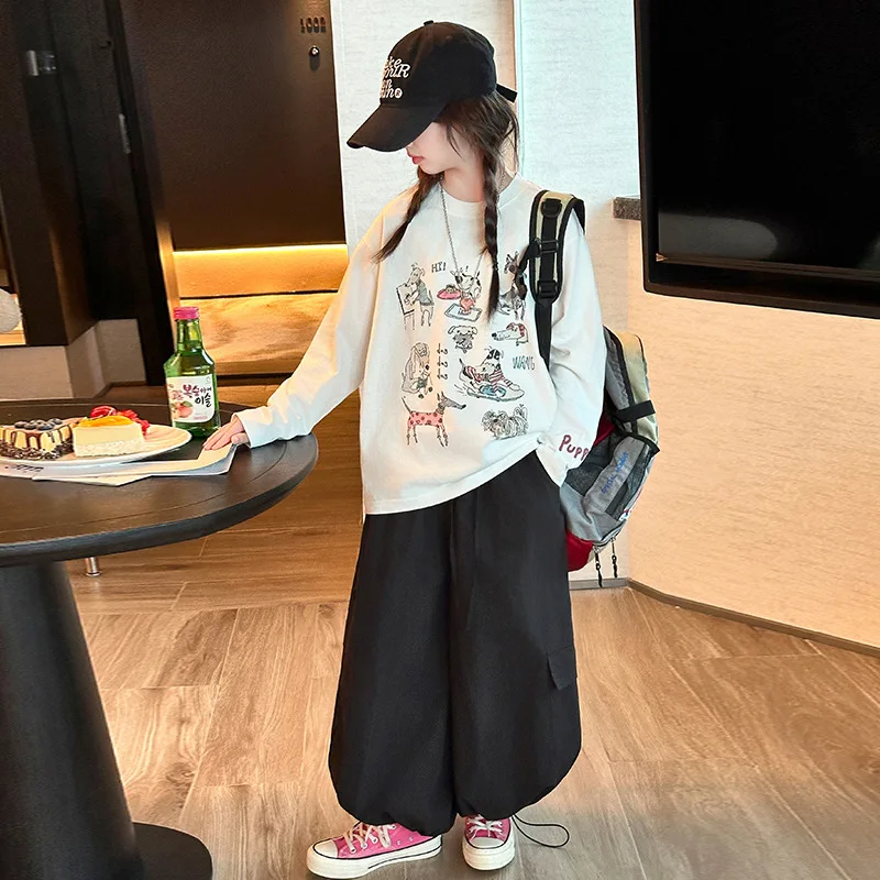 

Children Girl 2pcs Outfit Autumn Cartoon Printed Round Neck T-shirt+Drawstring Cargo Pant Kids Girl Sets 4-14Y Girl Casual Suits